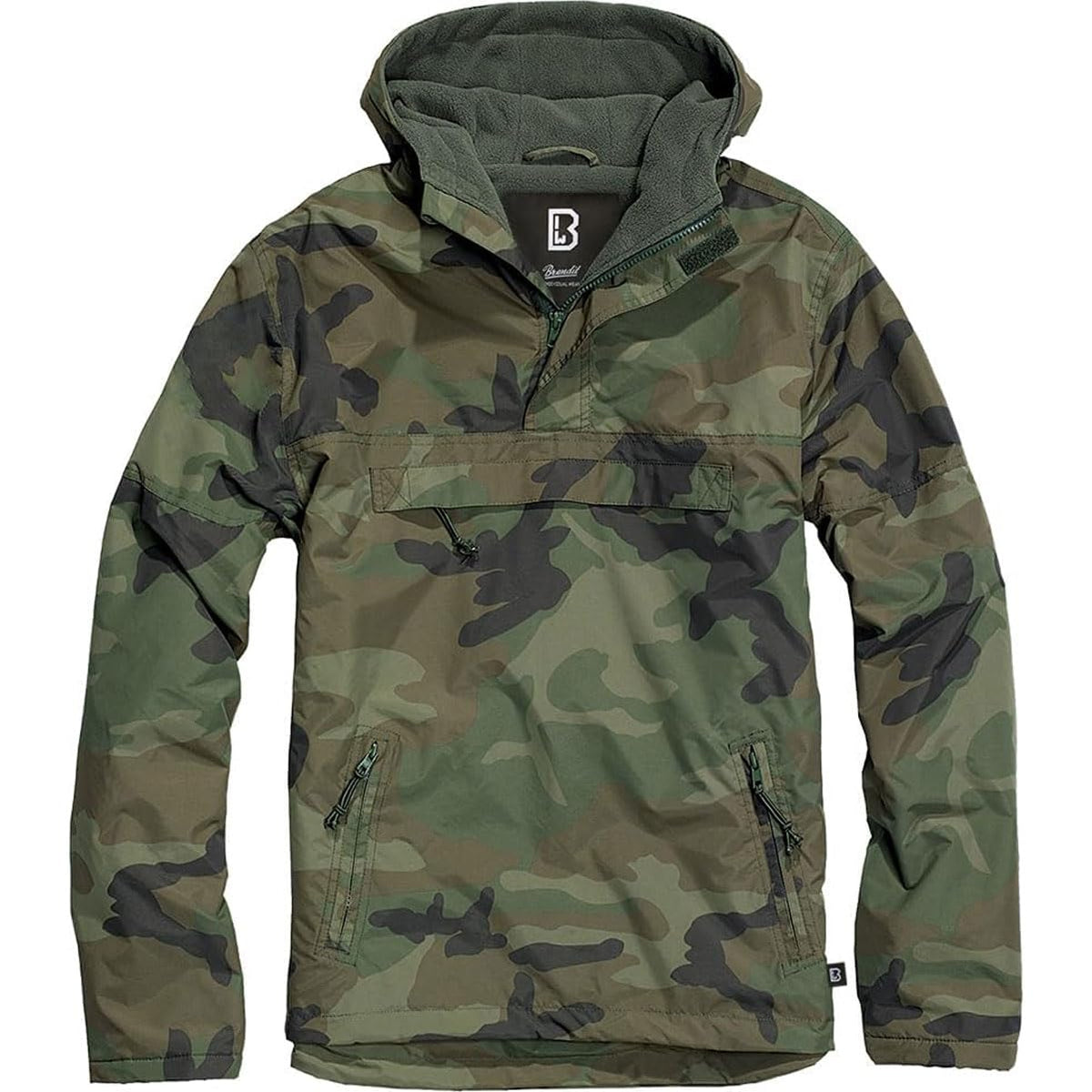 Brandit Individual Wear woodland windbreaker front view shows lightweight, weatherproof protection for outdoor adventures.