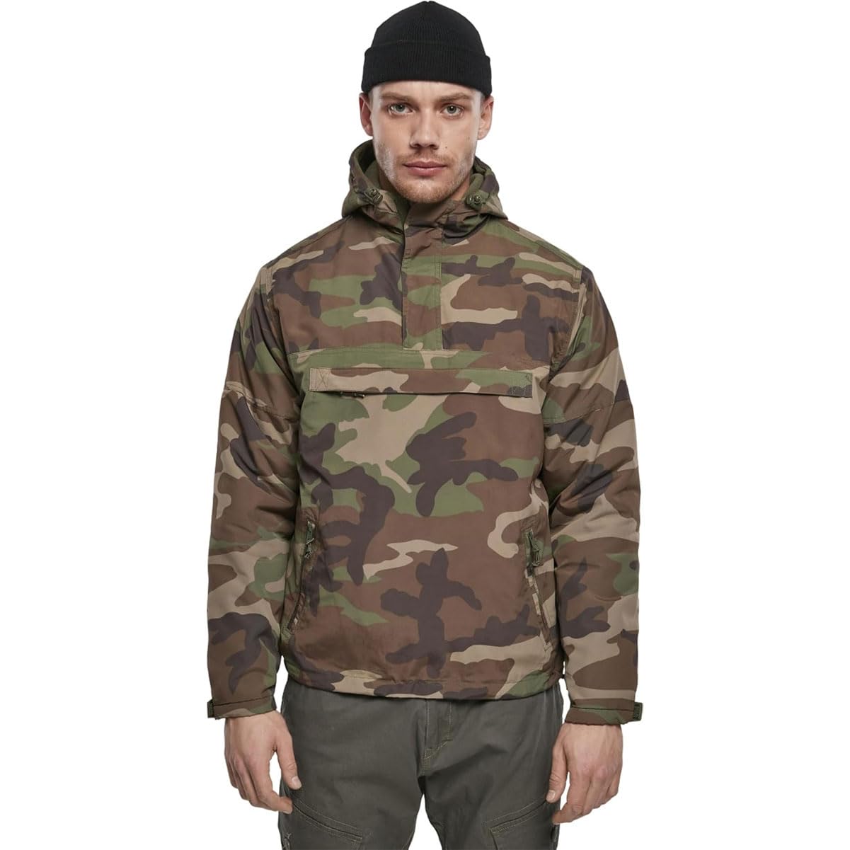 Brandit Individual Wear woodland windbreaker side view highlights versatile fit for changing conditions.