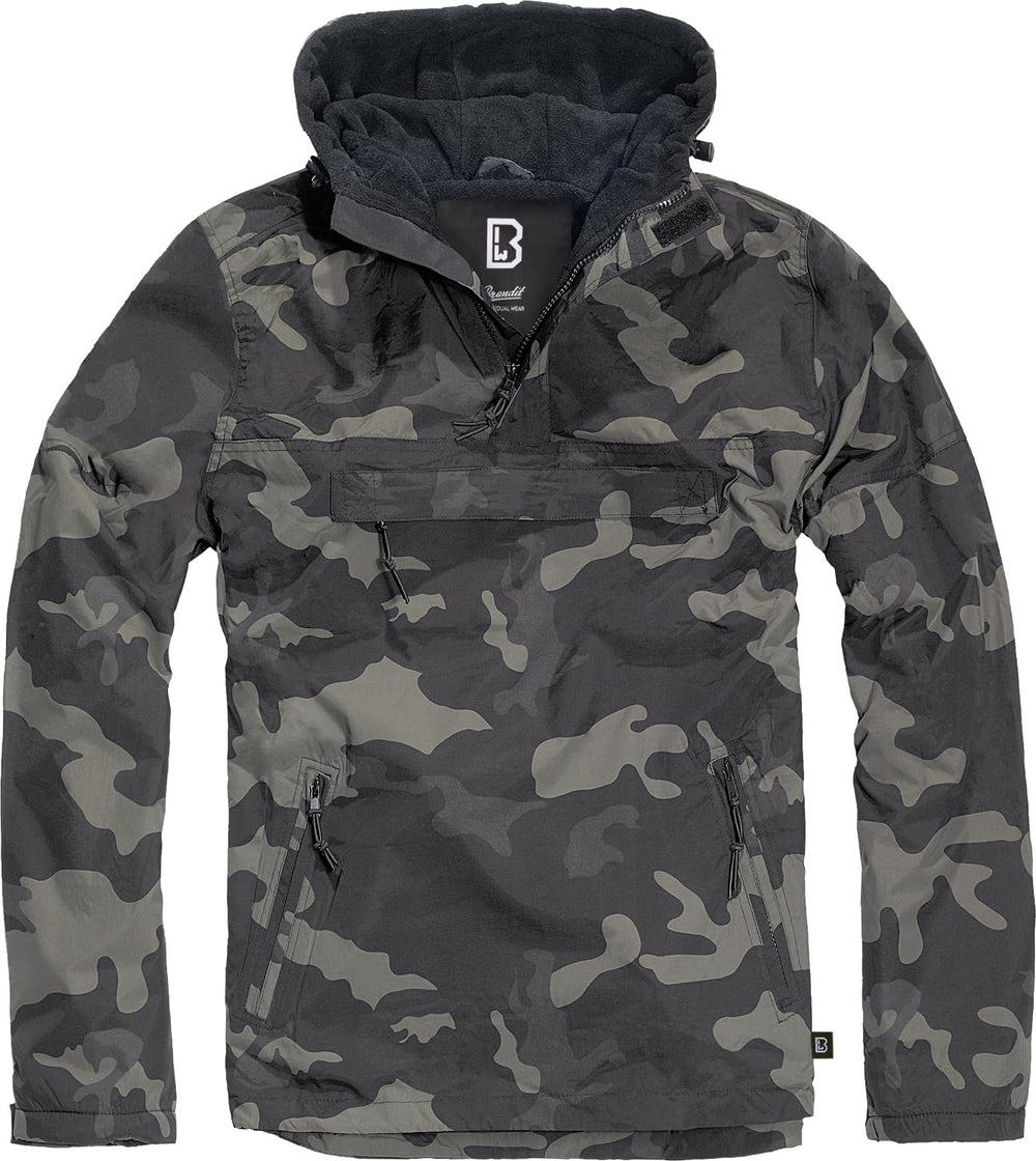 Brandit windbreaker dark camo front view highlights weatherproof outer shell for outdoor durability.