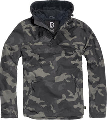 Brandit windbreaker dark camo front view highlights weatherproof outer shell for outdoor durability.