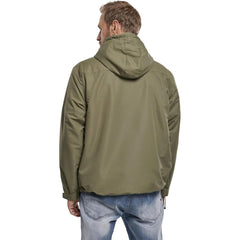 Brandit windbreaker kangaroo pocket zip demonstrates secure storage during outdoor activities.