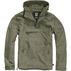 Brandit windbreaker olive front view shows lightweight, weatherproof outer layer for outdoor use.