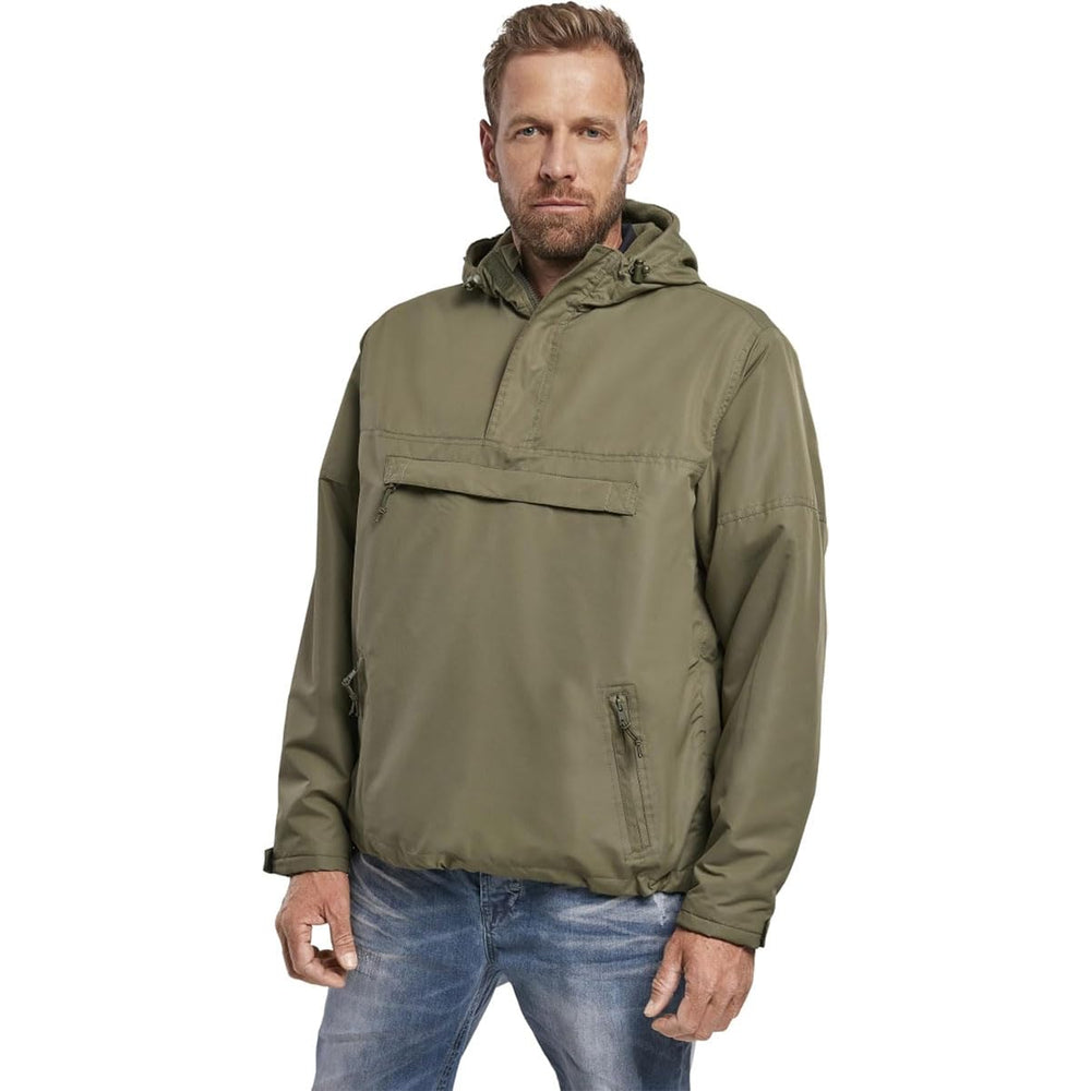 Brandit windbreaker olive side view highlights adjustable cuffs and hood for a customizable fit.