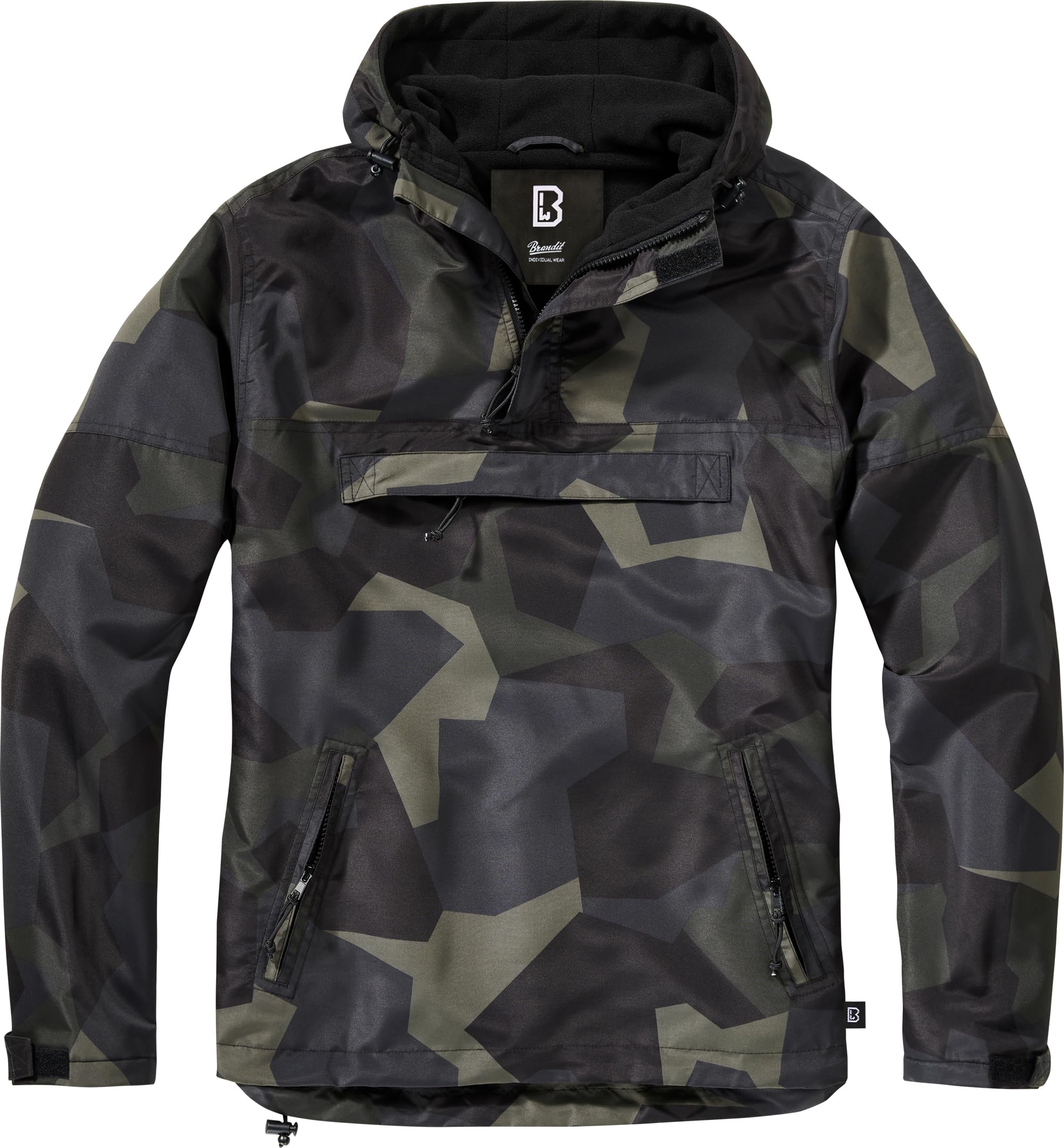 Brandit windbreaker quarter-zip front view in dark camo, weather-ready and comfortable outdoors