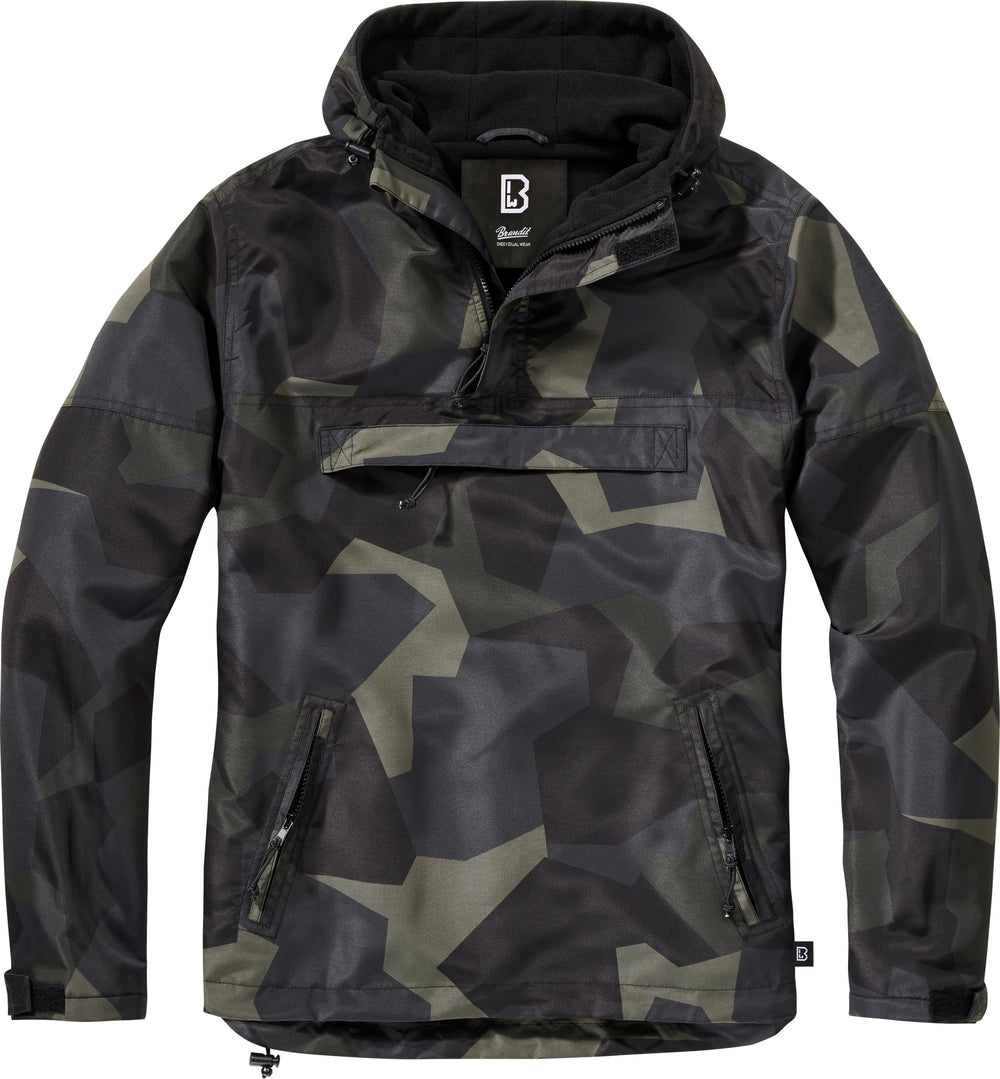 Brandit windbreaker quarter-zip front view in dark camo, weather-ready and comfortable outdoors