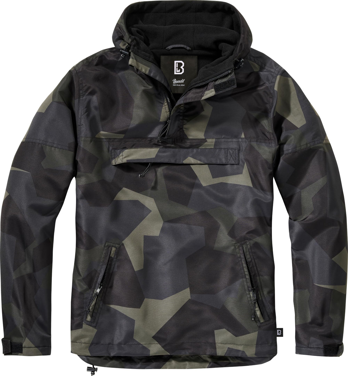 Brandit windbreaker quarter-zip front view in dark camo, weather-ready and comfortable outdoors