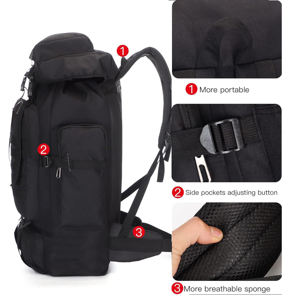 BRAVECOW 100L backpack side water bottle pocket for quick hydration access.