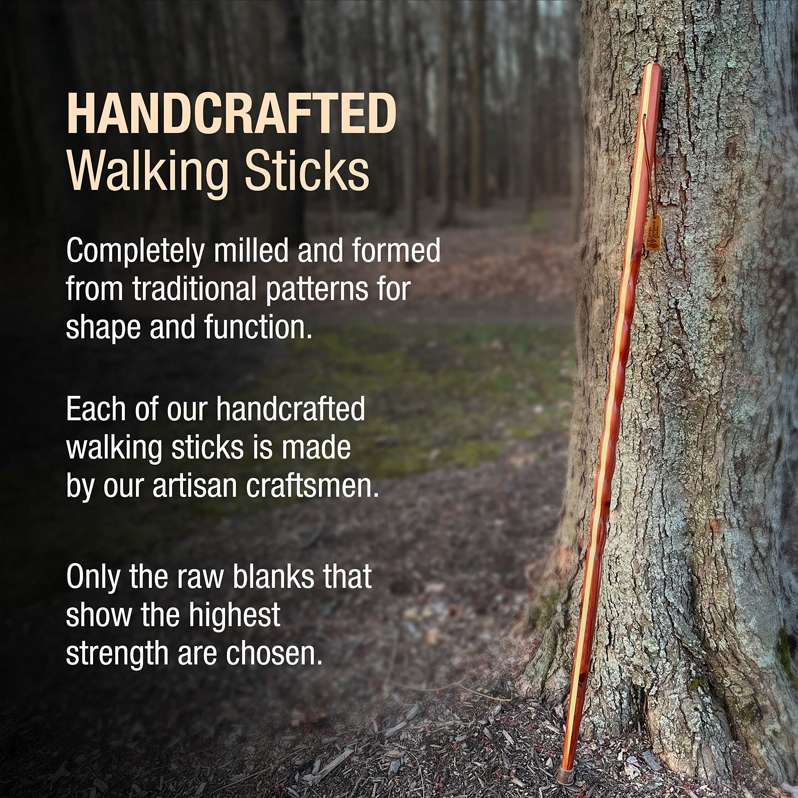 Brazos cedar walking stick in use on a rocky trail for support.