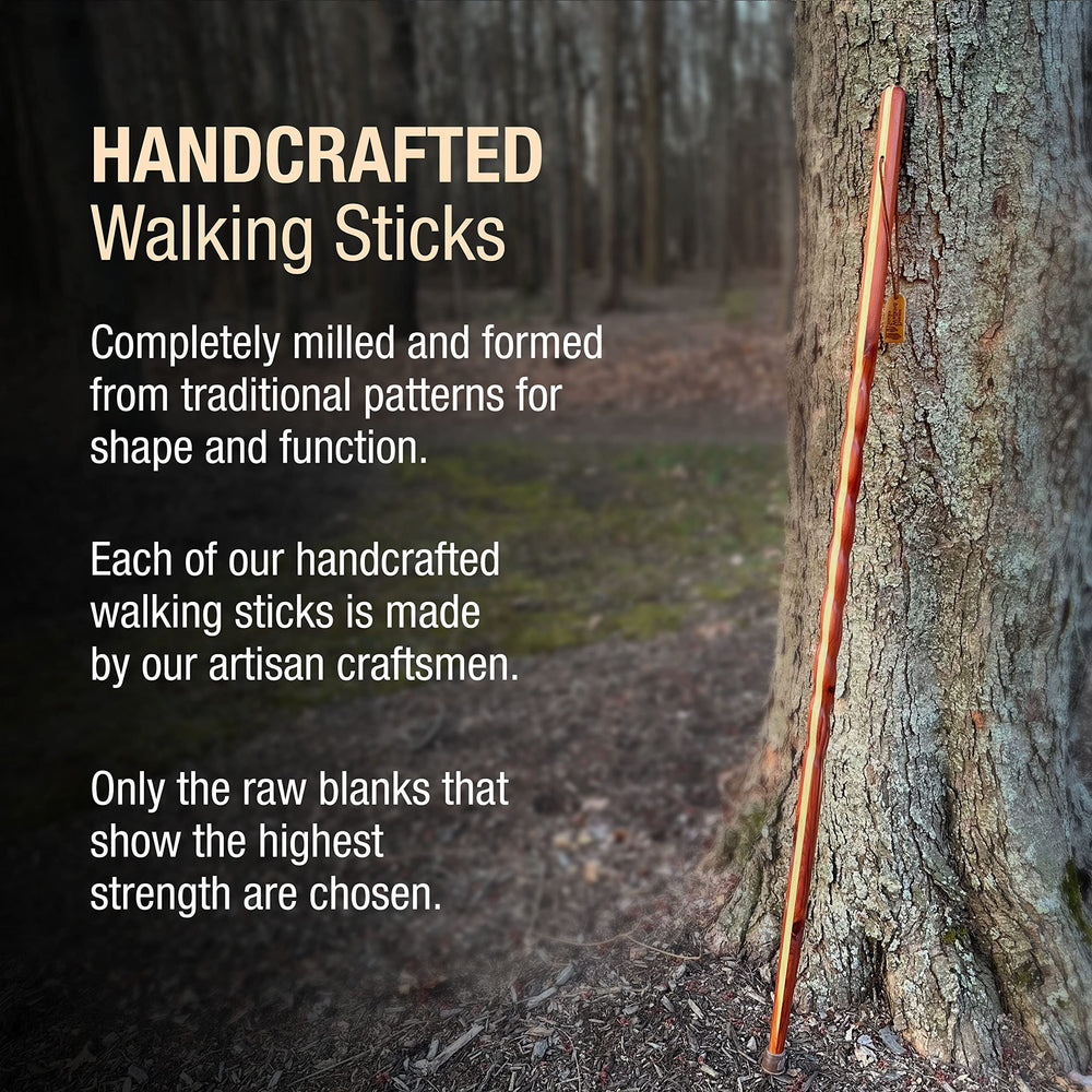 Brazos cedar walking stick in use on a rocky trail for support.