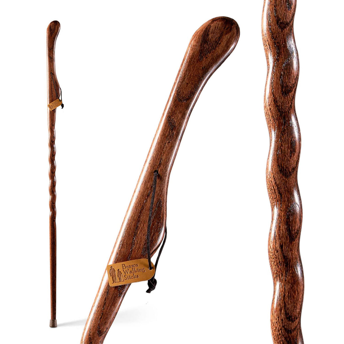 Brazos Hitchhiker Twisted Oak Walking Stick showing natural grain for steady trails.