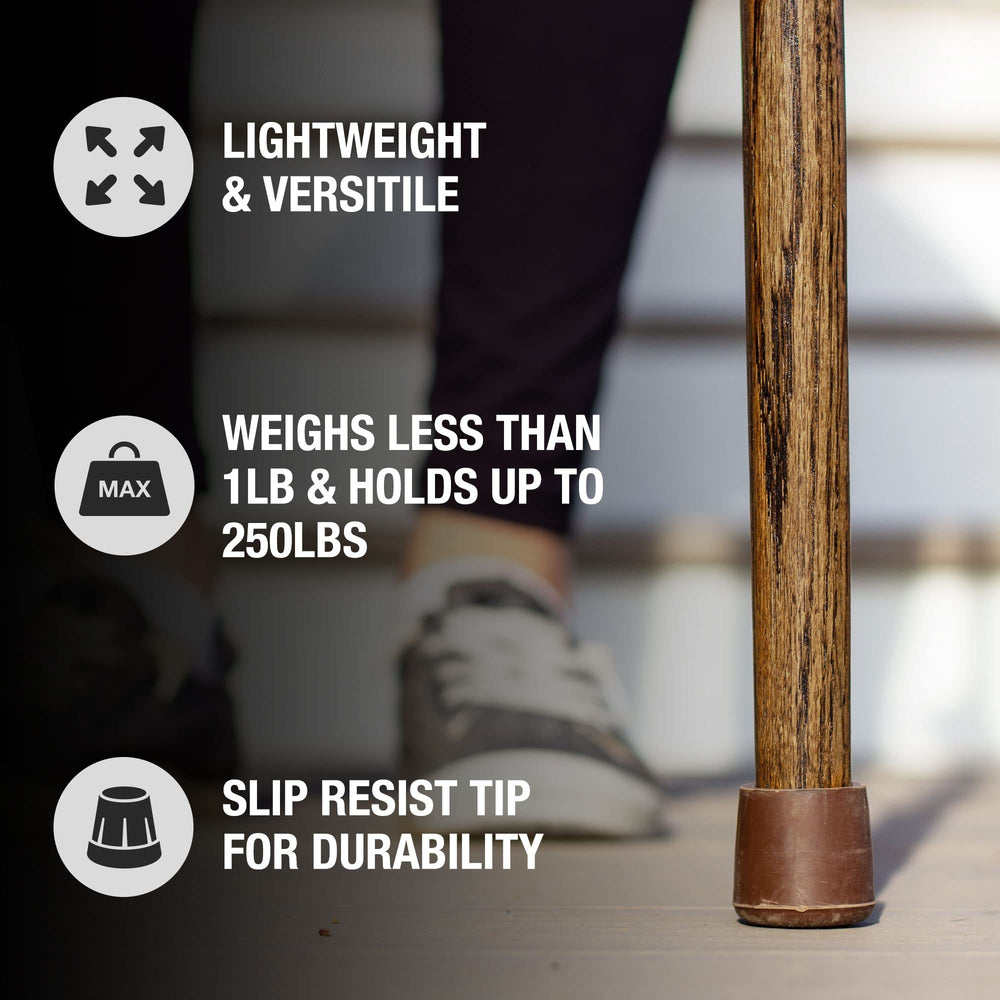 Brazos Made in USA label on premium oak walking stick.