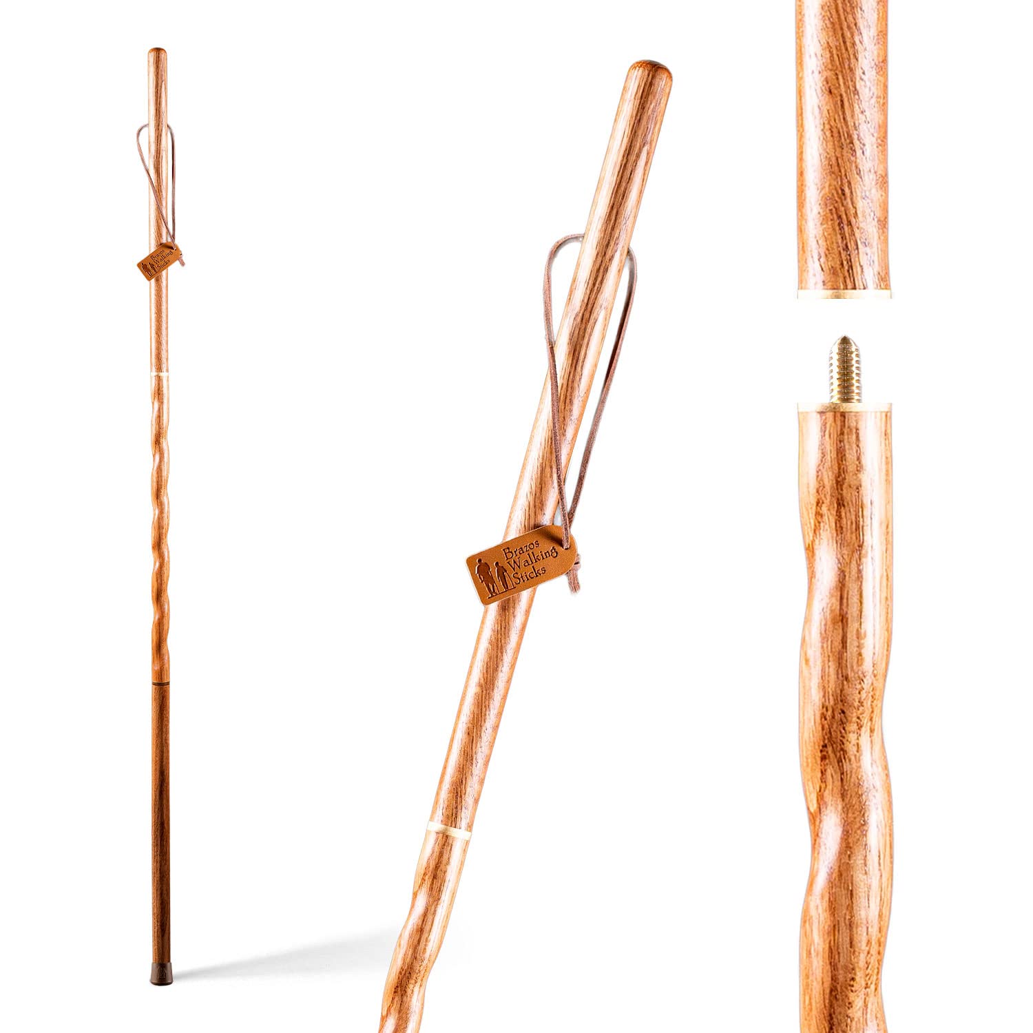 Brazos twisted oak walking stick traveler shows unique grain and travel-ready design for on-the-go support.