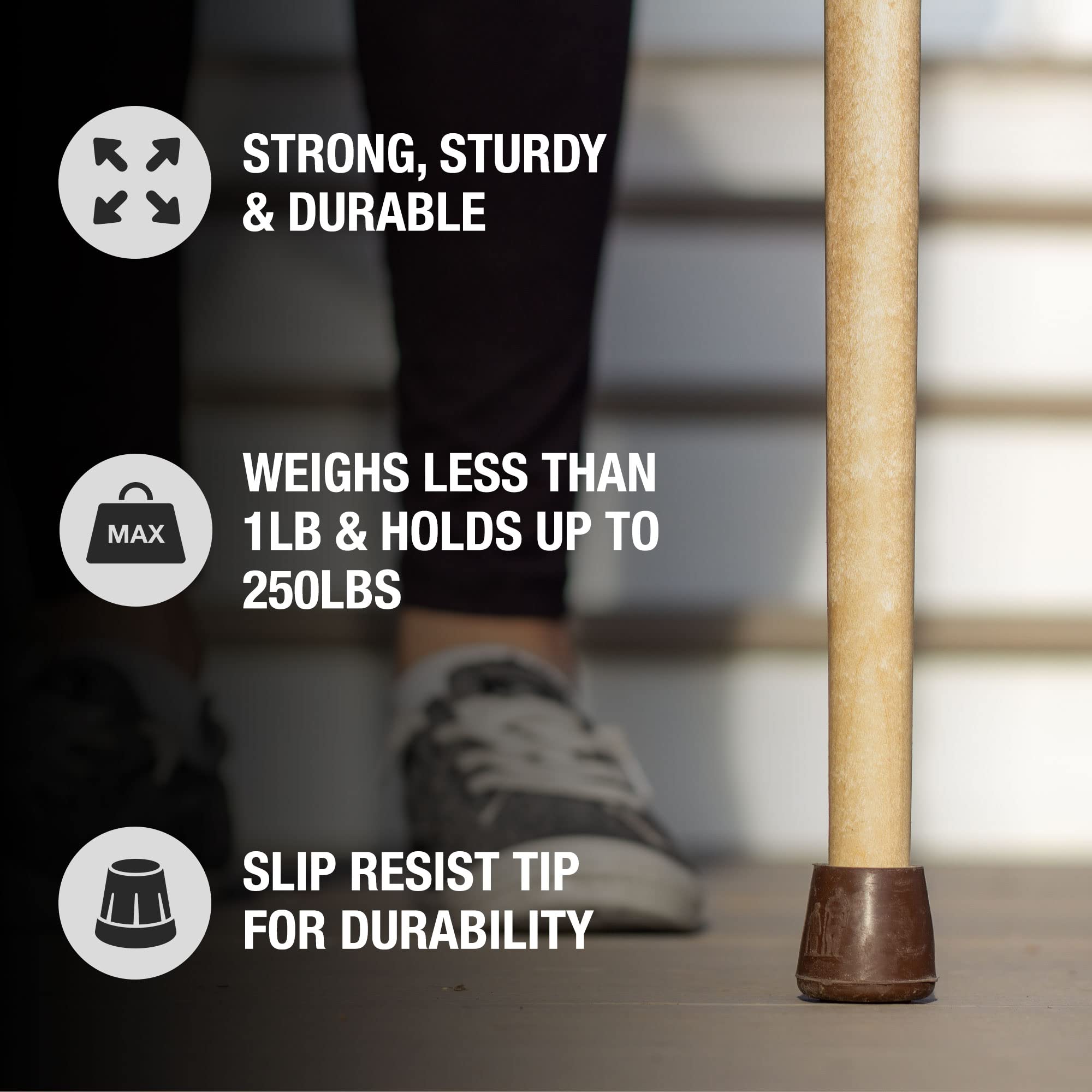 Brazos USA-made walking stick with rubber tip for added traction.