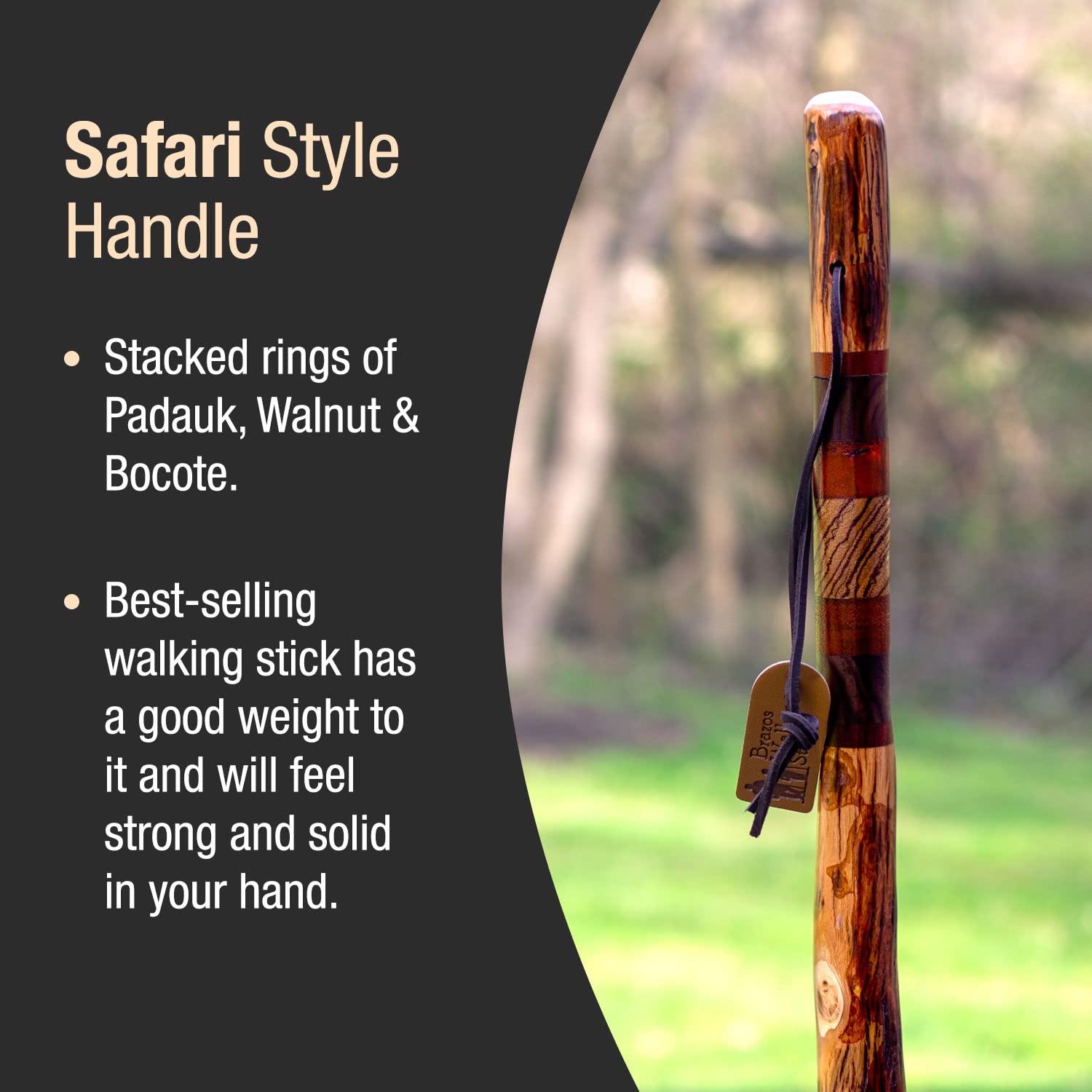 Brazos walking stick wood grain detail emphasizes premium Hickory construction.