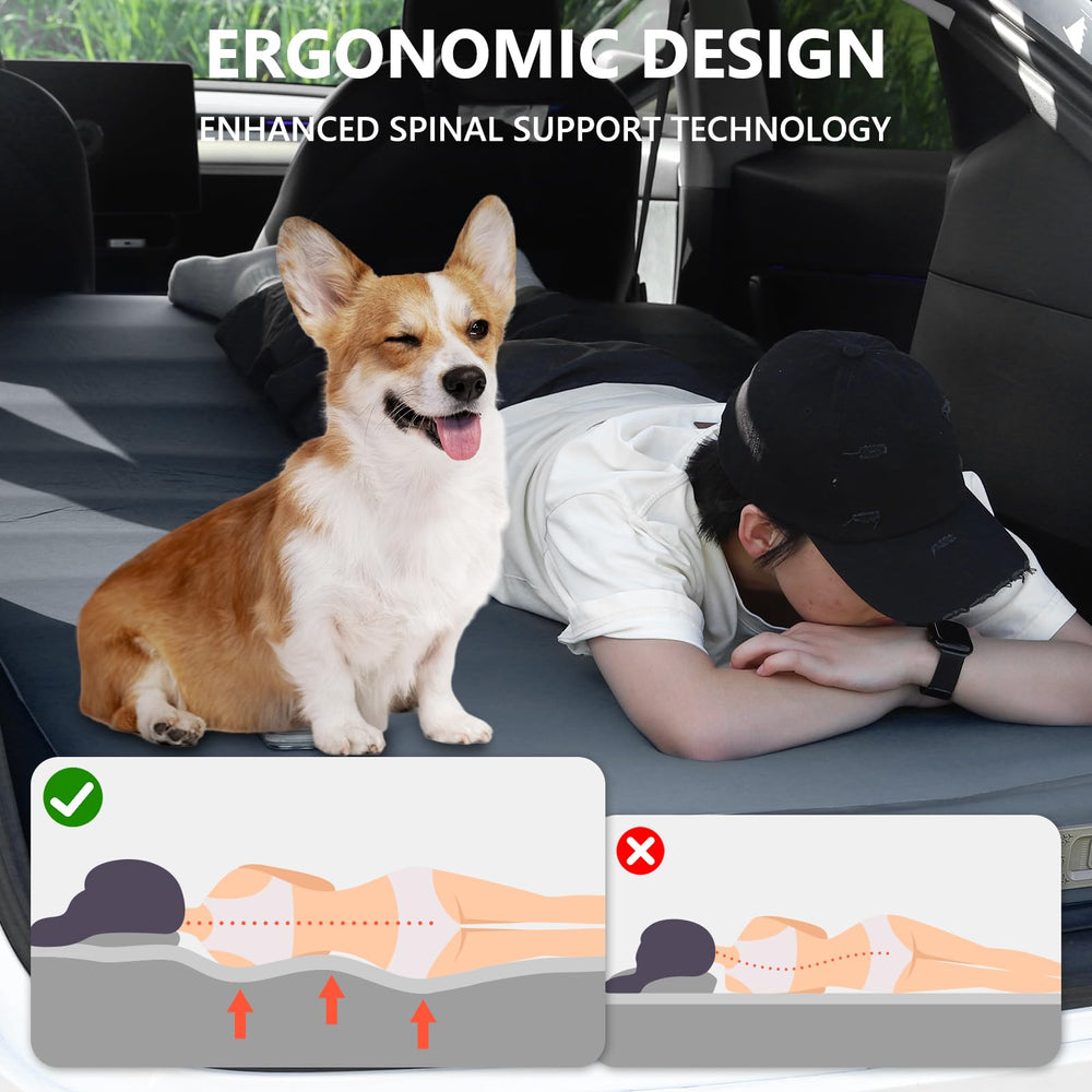 BREVITRIP Tesla Model Y mattress dual-valve airlock prevents leaks during inflation.
