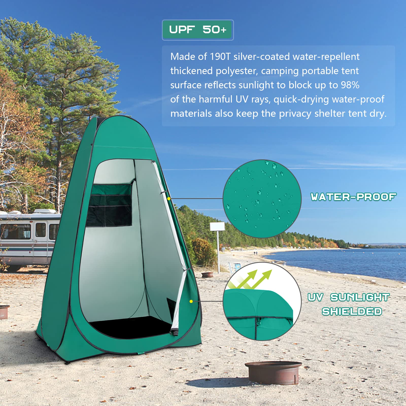BRIAN & DANY pop-up shower tent rain roof keeps interior dry.