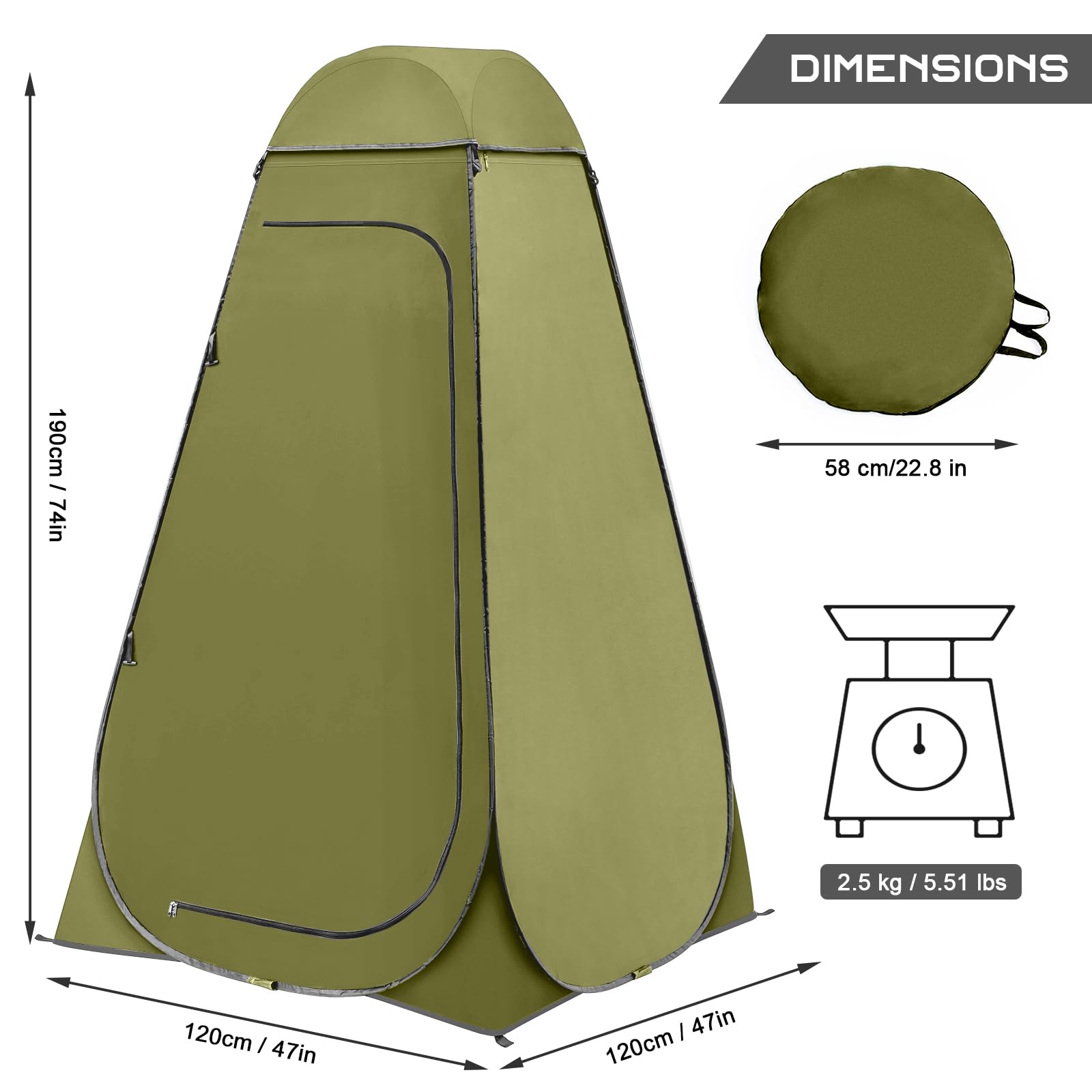 BRIAN & DANY pop-up shower tent side view shows a stable frame for windy days.