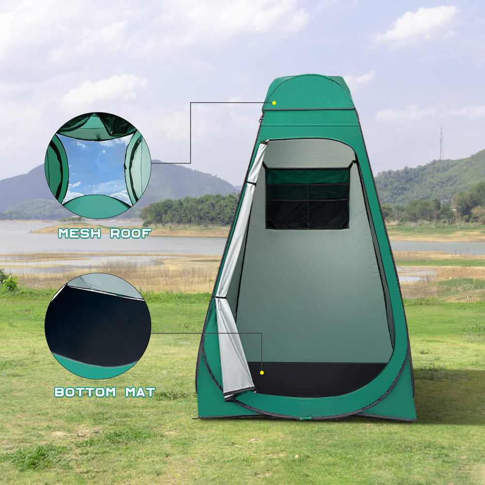 BRIAN & DANY pop-up shower tent UPF fabric blocks sun exposure.