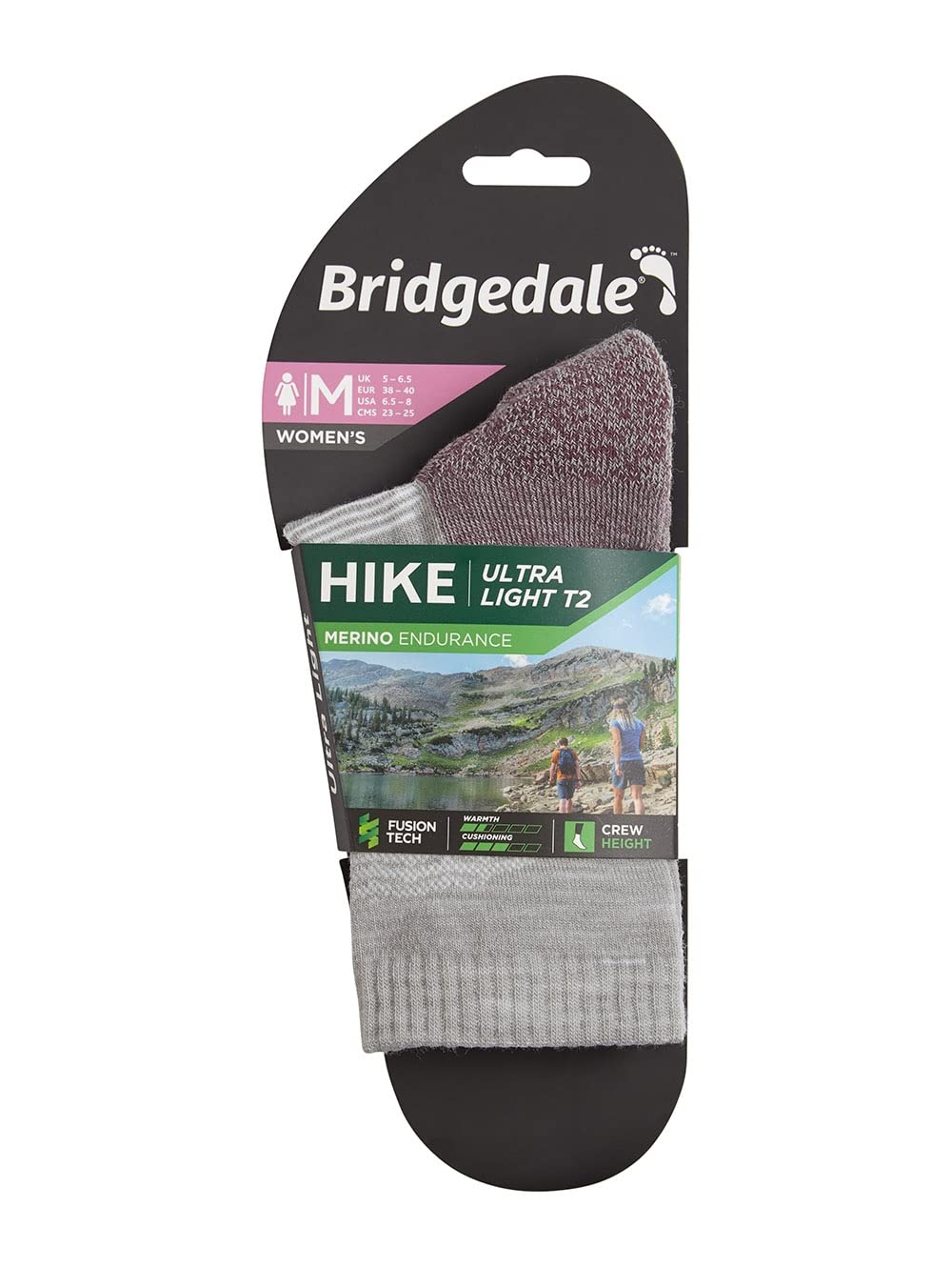 Bridgedale Hike Ultralight Merino Endurance Crew Sock Aubergine label view with warranty note.