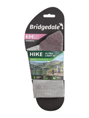 Bridgedale Hike Ultralight Merino Endurance Crew Sock Aubergine label view with warranty note.