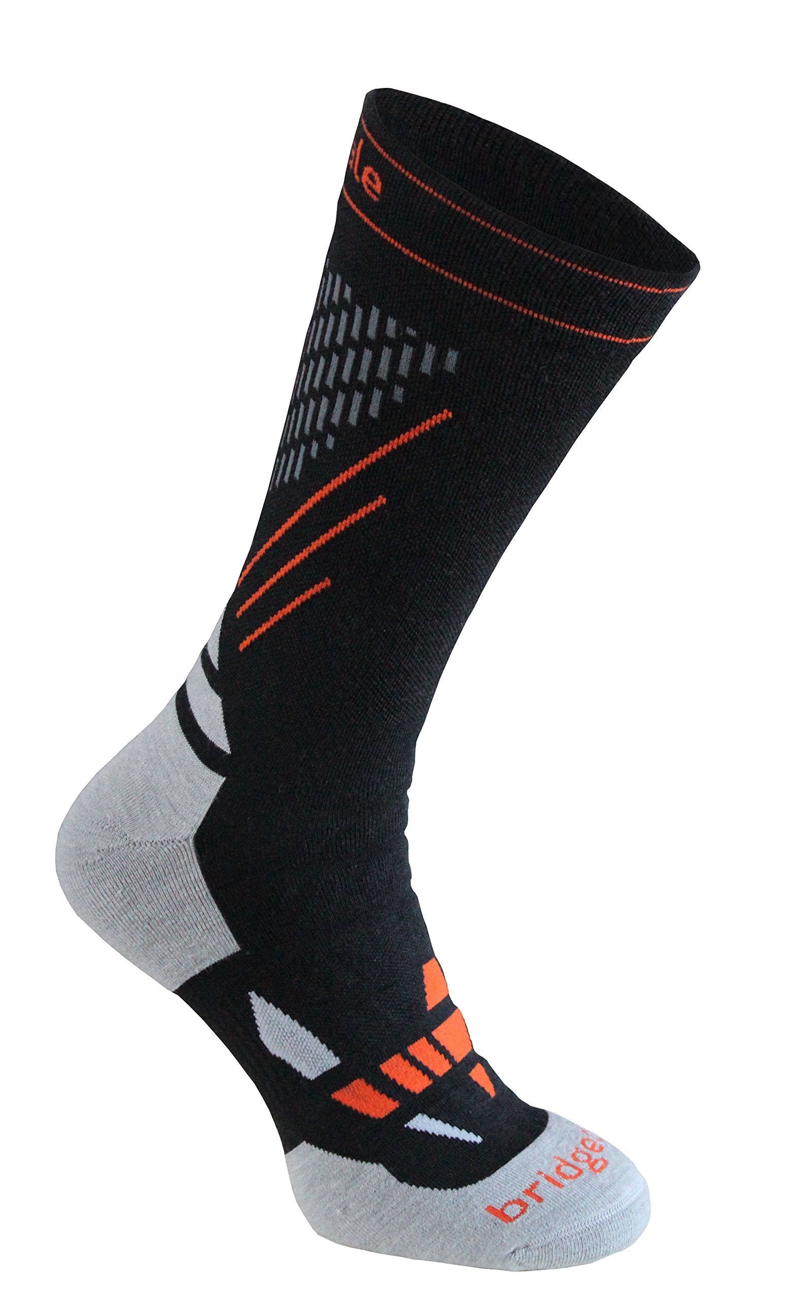 Bridgedale Nordic Race Merino Endurance sock boot-height view shows cushioning and secure fit.