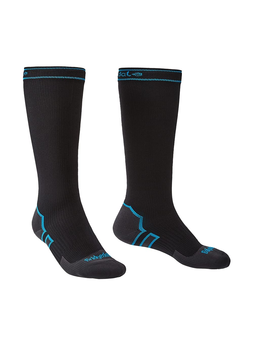 Bridgedale StormSock knee-high hiking sock in black/blue for warmth and protection.