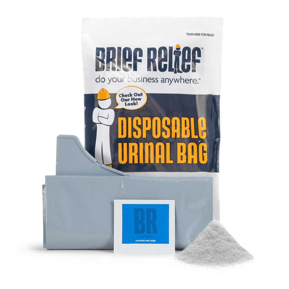 Brief Relief urinal bag front view with unisex funnel for easy use