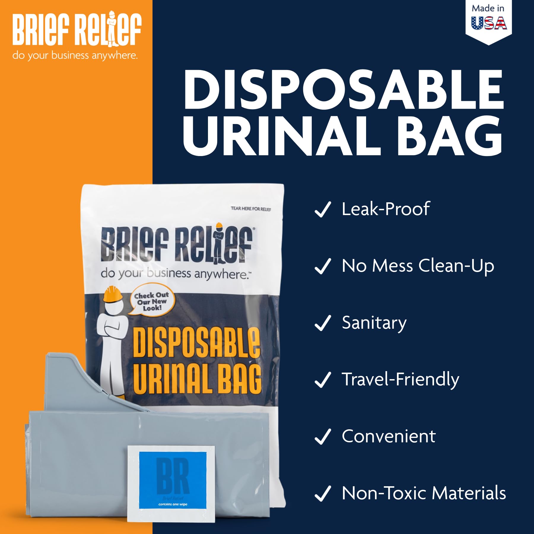 Brief Relief 100-pack packaging shown for on-site portability
