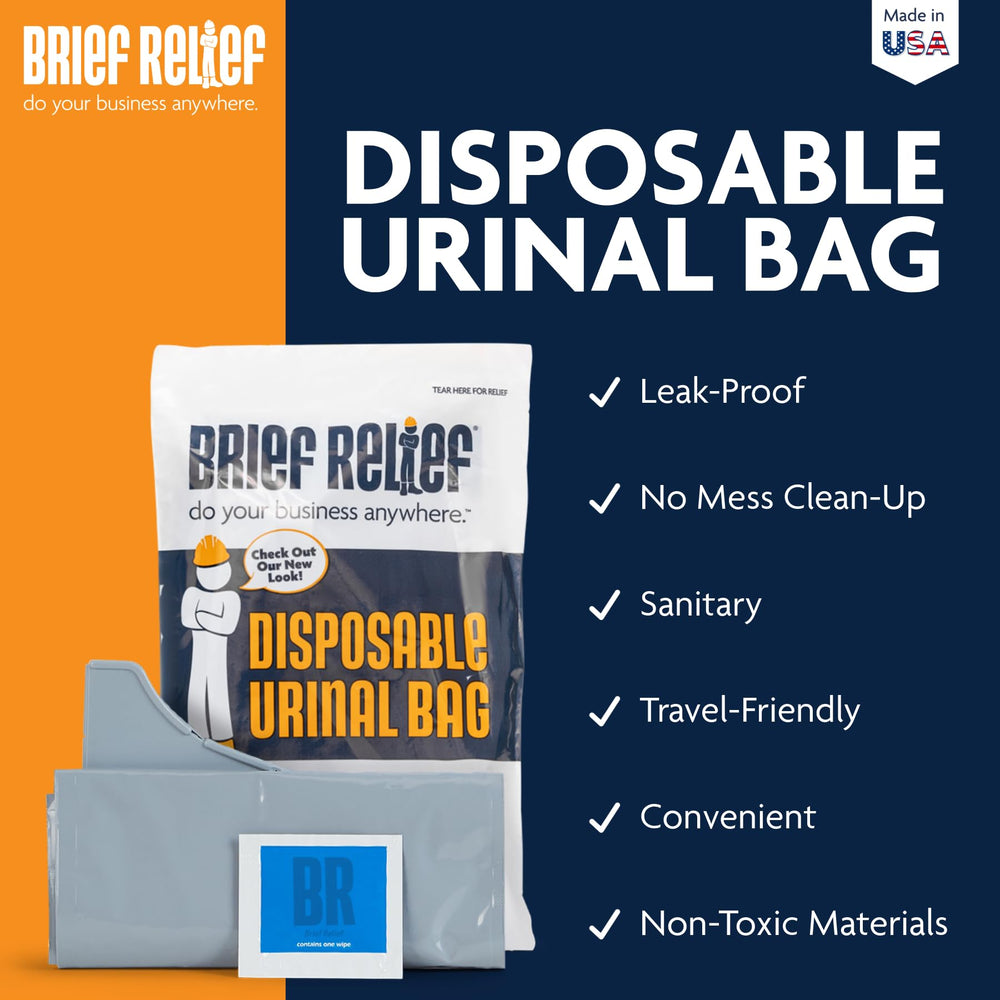 Brief Relief 100-pack packaging shown for on-site portability