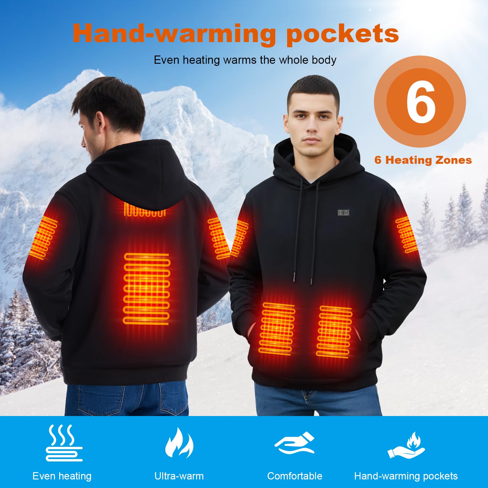 Brimekey heated hoodie back view emphasizes six heating zones for core warmth