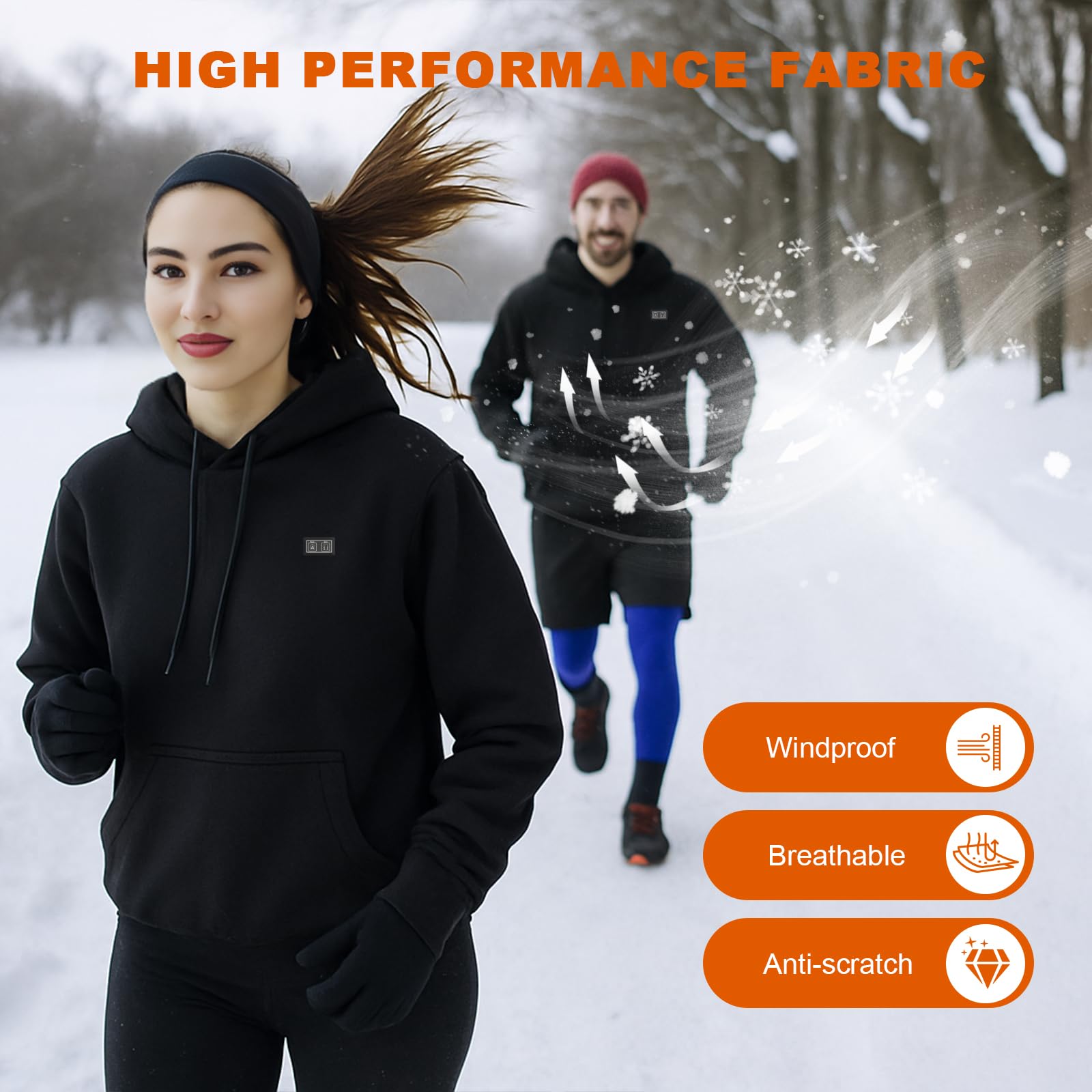 Brimekey heated hoodie heating zones close-up demonstrates rapid warmth delivery