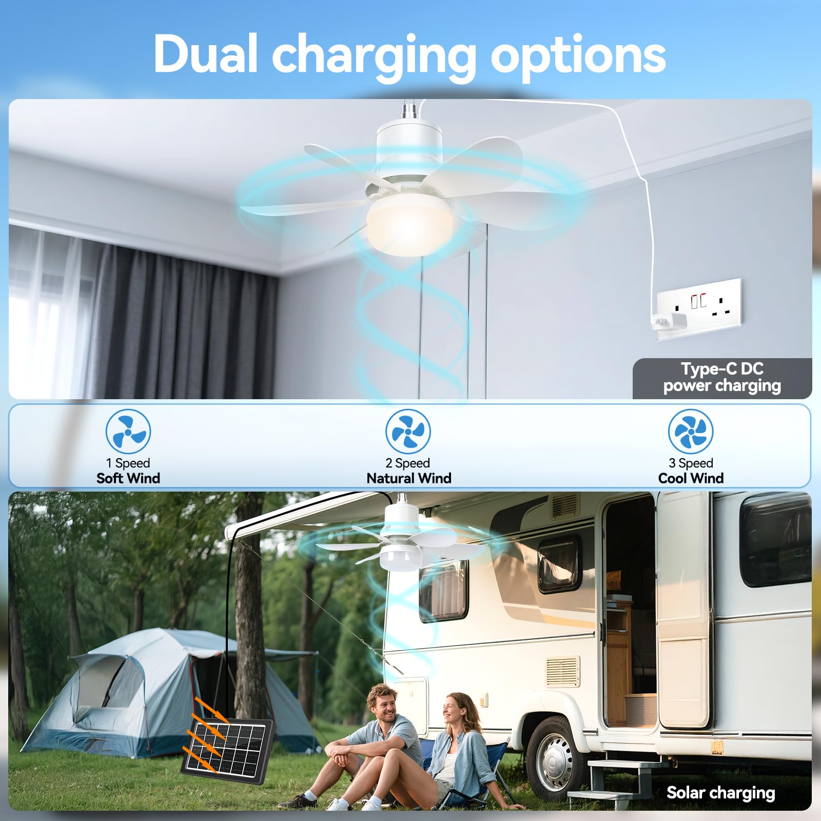 Brioeua solar 13000mAh battery powers longer cooling and lighting