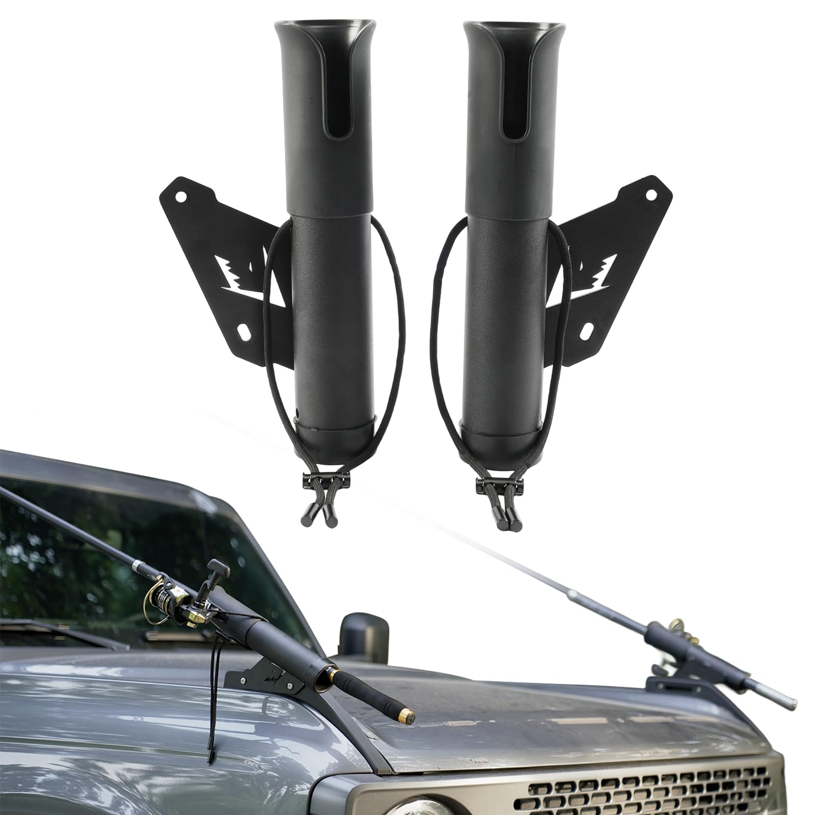 Broaddict off-road rod holder mounted to Bronco mount points for a secure fit.