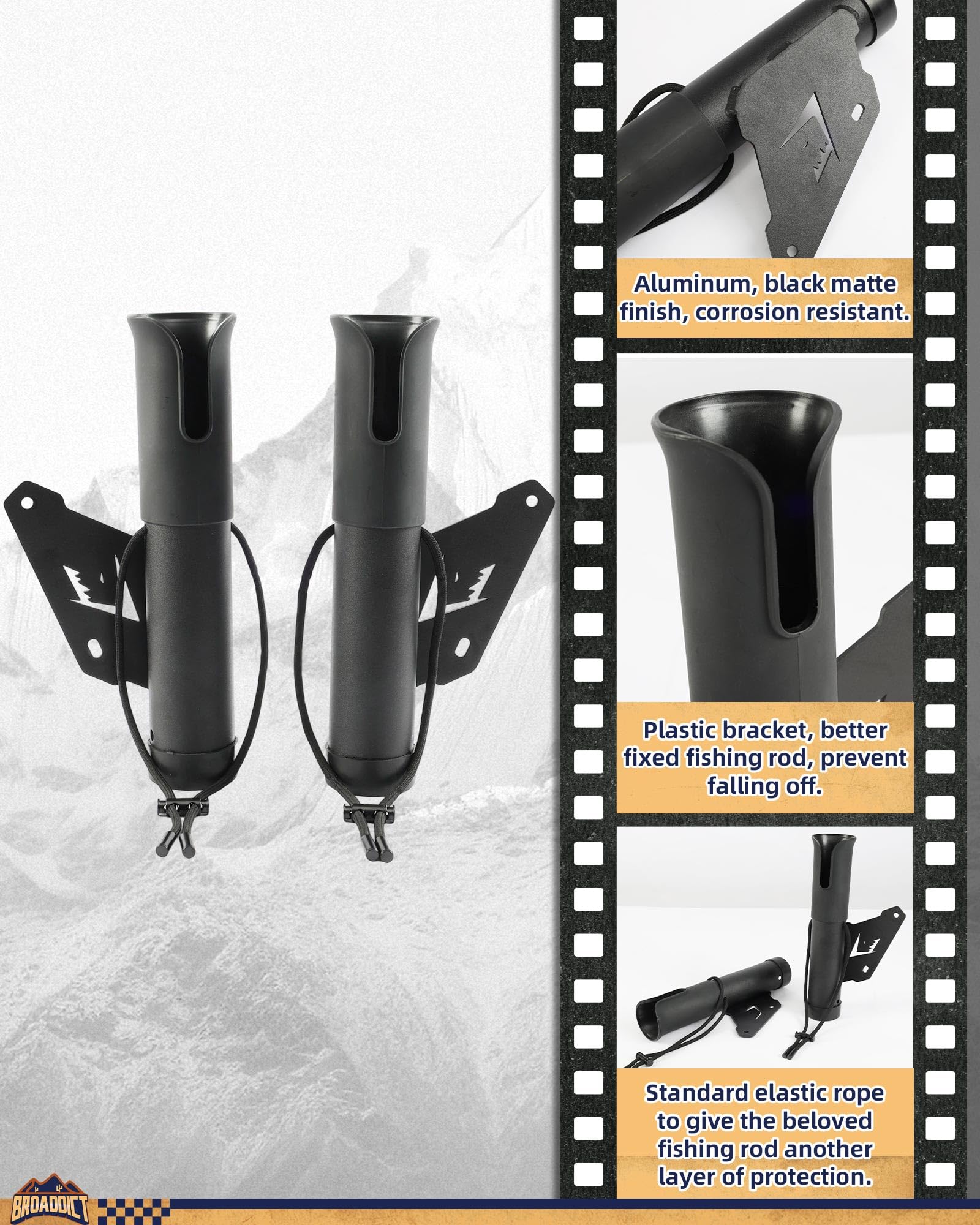 Broaddict off-road rod holder with hood-access design allows full hood opening.