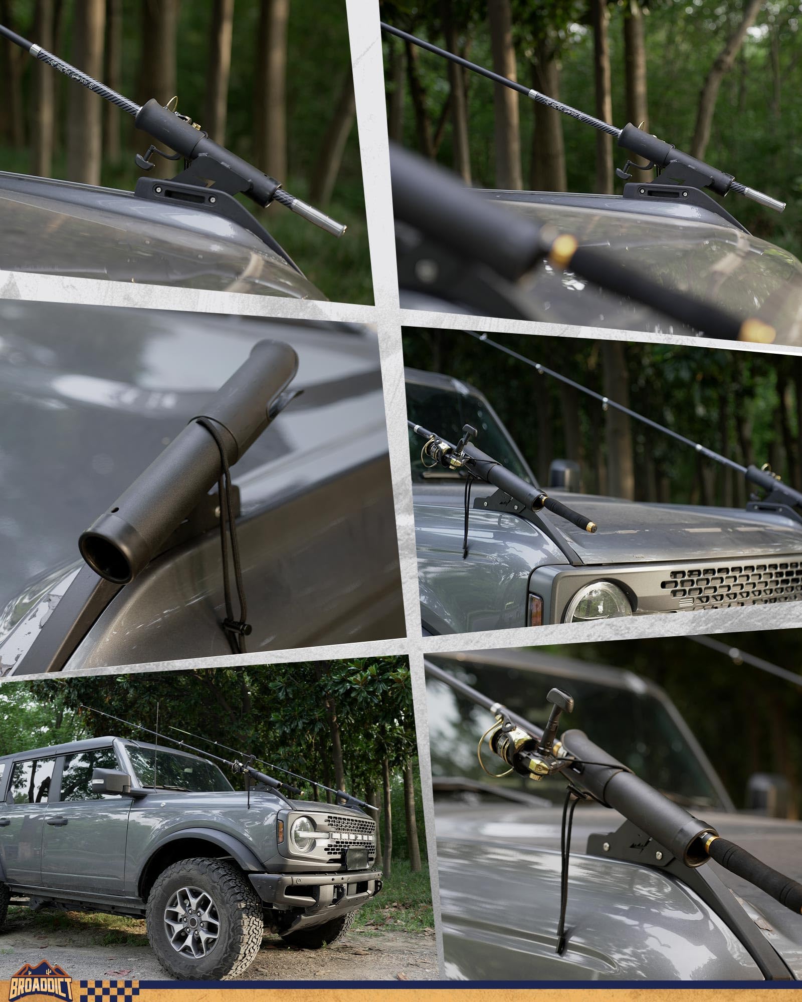 Broaddict off-road rod holder on Bronco keeps gear protected from dust and accessible.