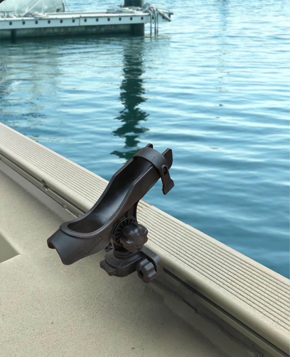 Brocraft 90-degree gunnel track rod holder secures rods on Versatrack boats