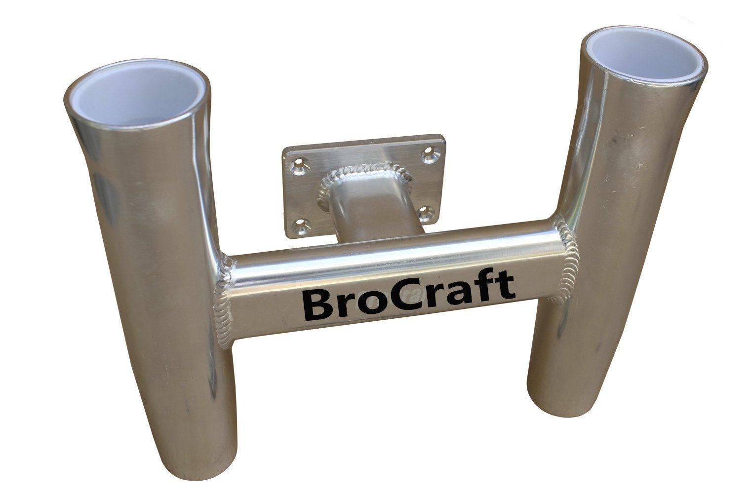 Brocraft aluminum 2-rod holder in transom mount shows secure 90-degree rod positioning.