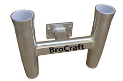 Brocraft aluminum 2-rod holder in transom mount shows secure 90-degree rod positioning.