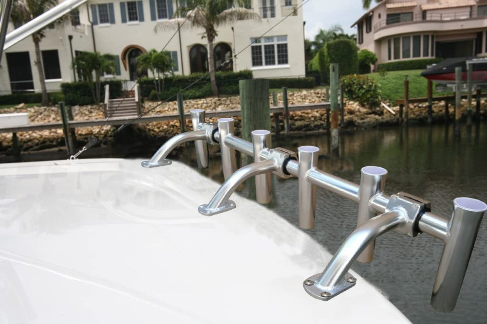 BroCraft boat hardtop rod rack mounted on center console for easy access.