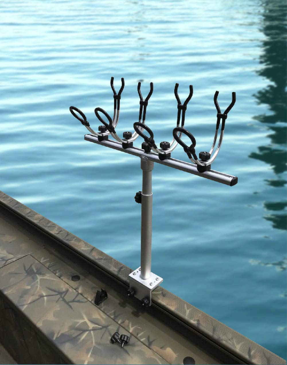 Brocraft crappie rod holder mounted on track base for quick repositioning along a boat gunnel.