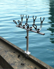 Brocraft crappie rod holder mounted on track base for quick repositioning along a boat gunnel.