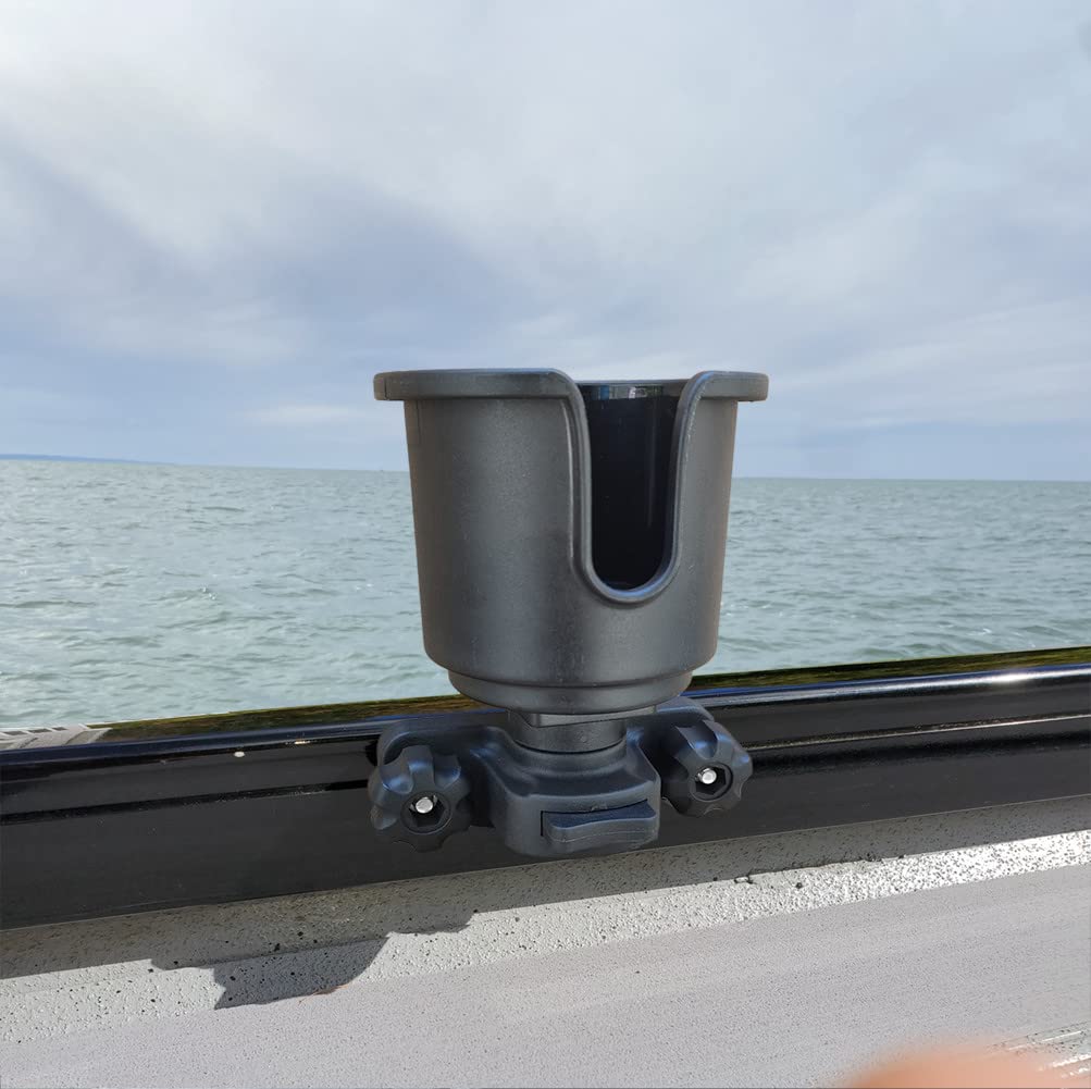 Brocraft cup holder mounted on Crestliner Suremount track for secure beverage access