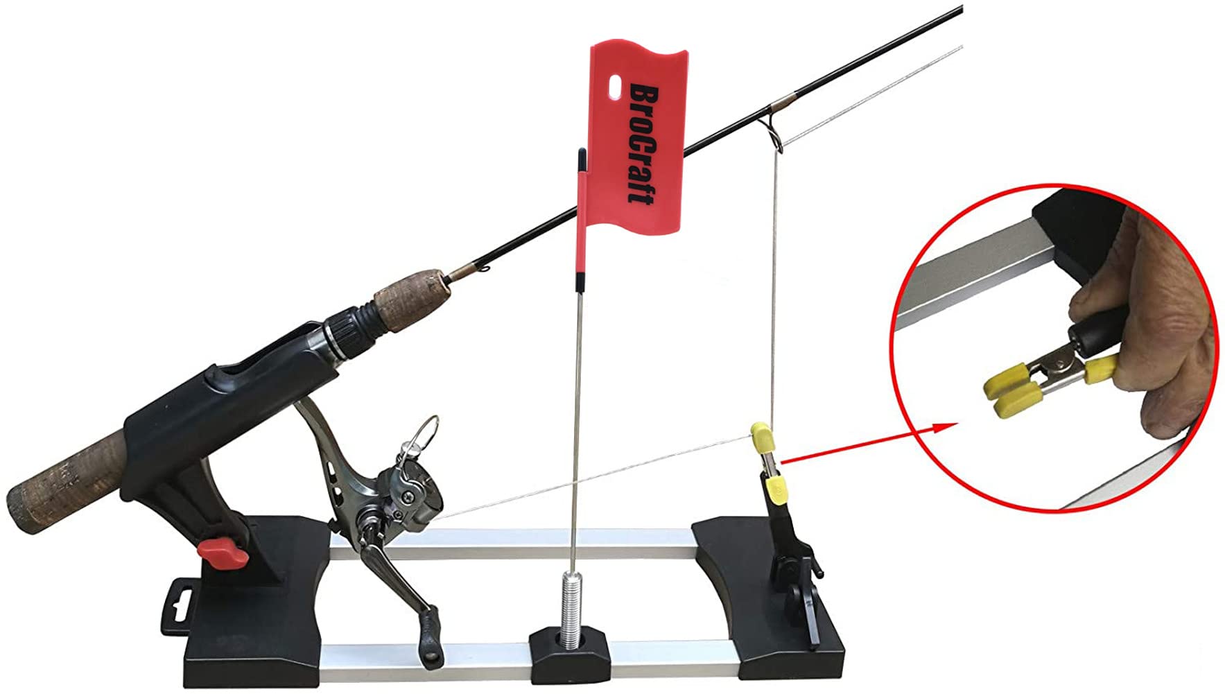 Brocraft Ice Fishing Rigger showing flag signaling a bite for efficient fishing.