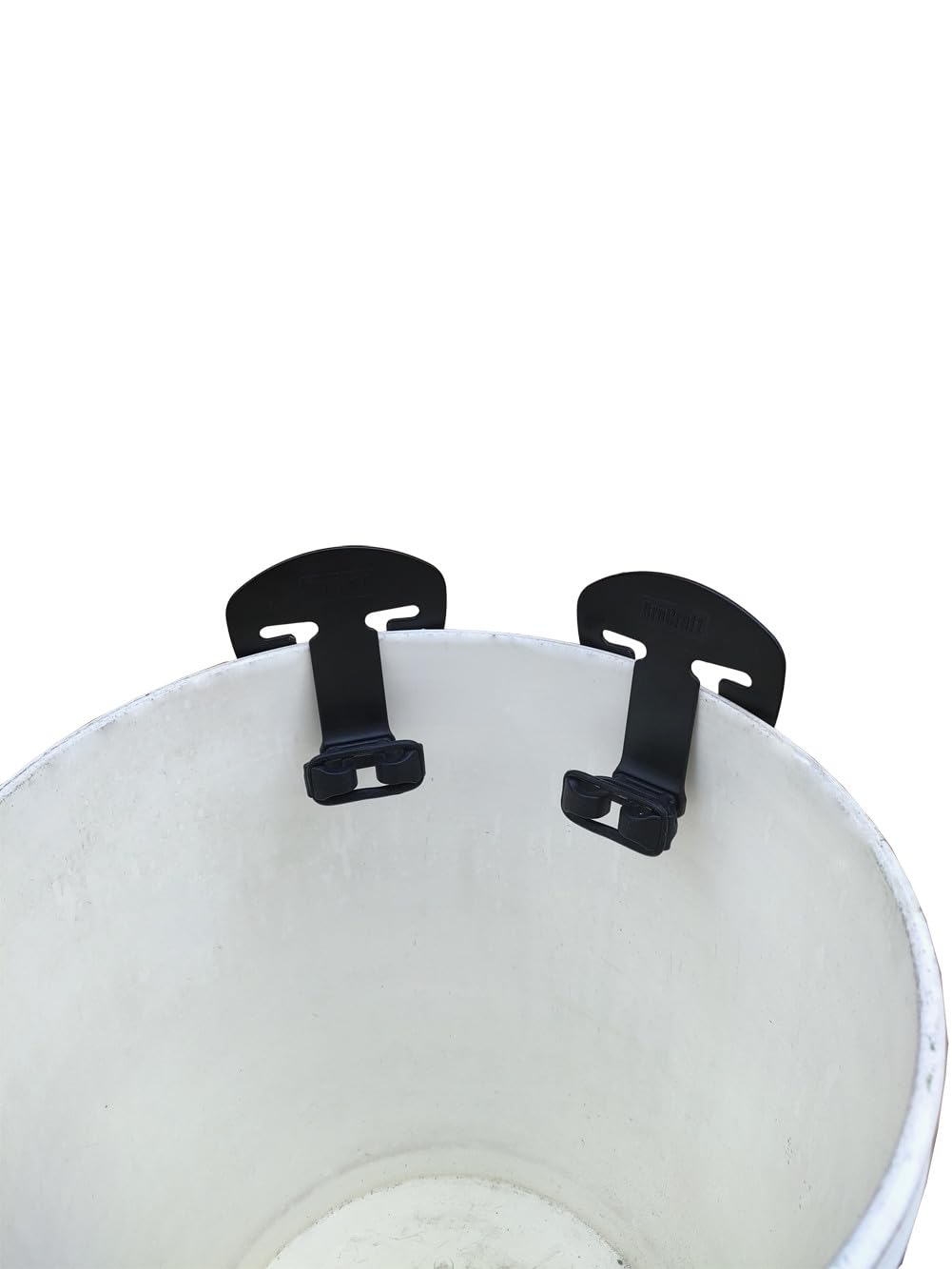 Brocraft ice fishing bucket rod holder with two slots for tangle-free storage.