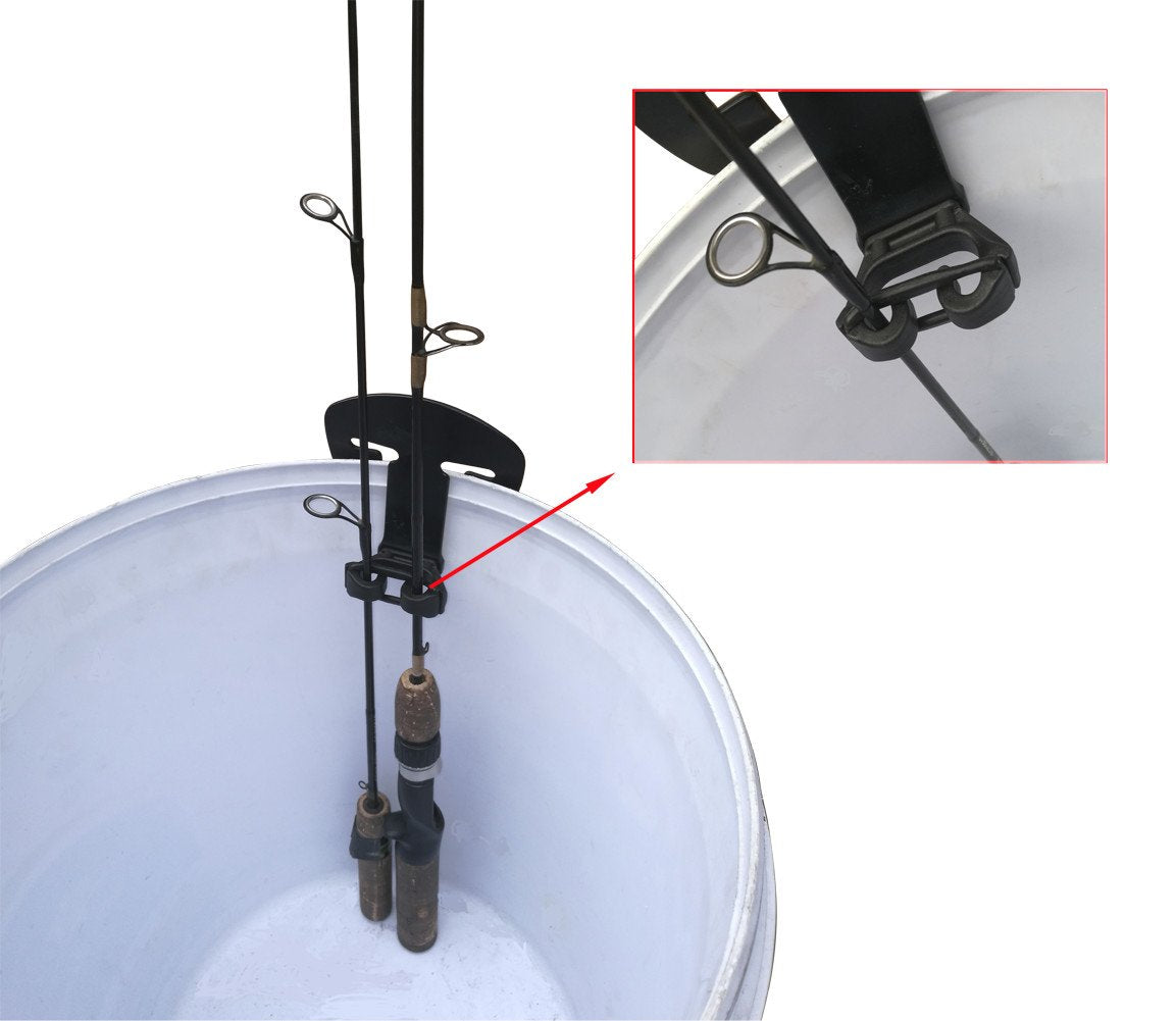 Brocraft ice fishing bucket rod storage keeps two rods organized and secure.
