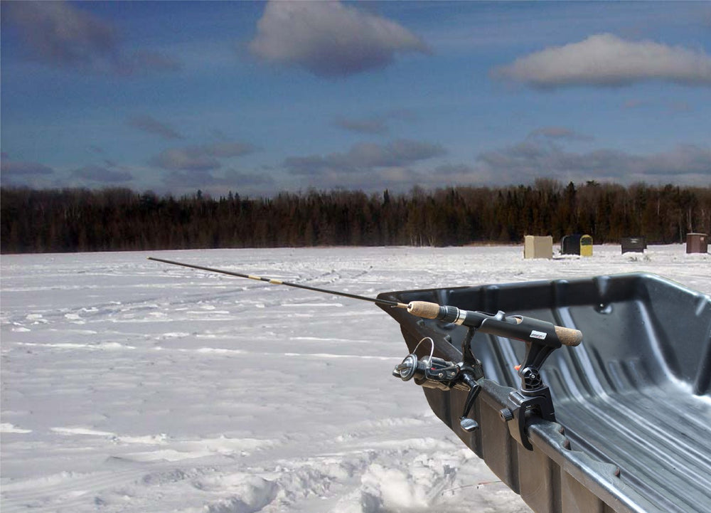 BroCraft rod holder mounted on an ice shelter for stable line control
