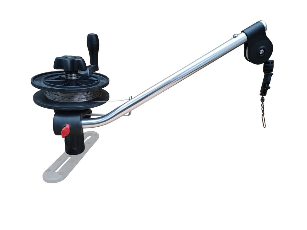 Brocraft Minin downrigger mounted on kayak track for quick setup