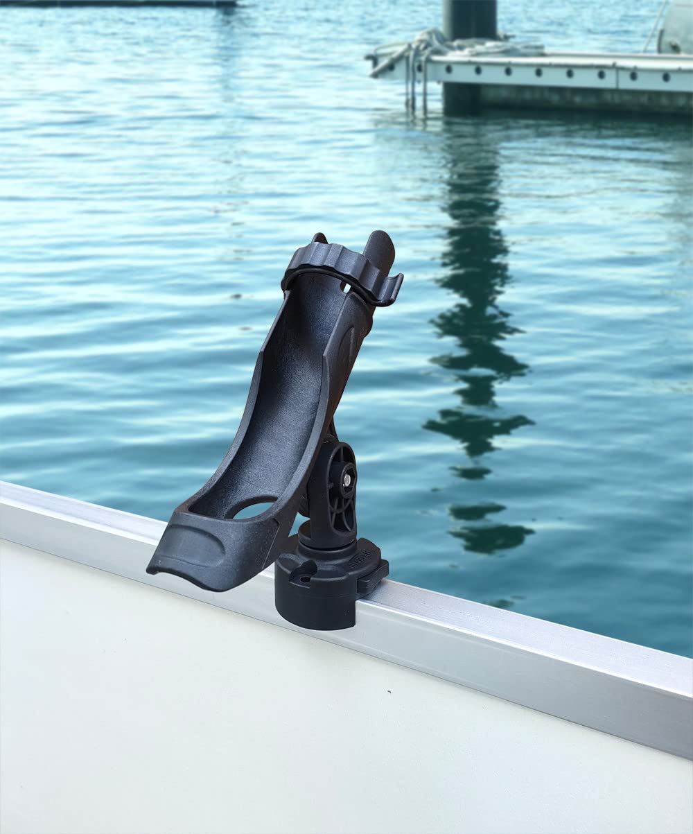 Brocraft pontoon rod holder on square mount with no top rail for easy installation.