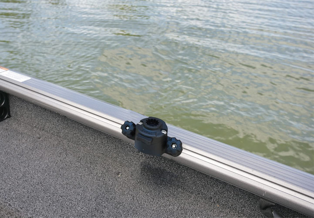 Brocraft Power Lock Rod Holder shows easy installation and quick repositioning on a boat.