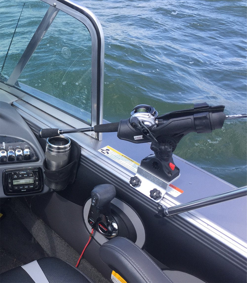 Brocraft Power Lock Rod Holder on War Eagle track enables easy repositioning.